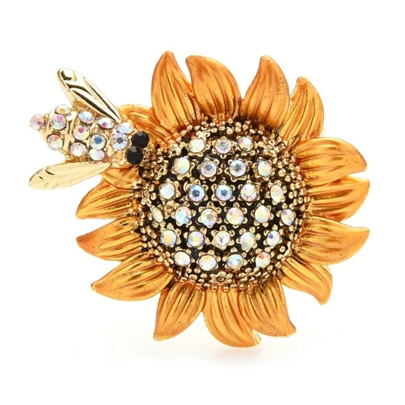 Goldtone Crystal Sunflower & Bee Brooch: Nature's Harmony in Sparkling Design - Picture 1 of 1